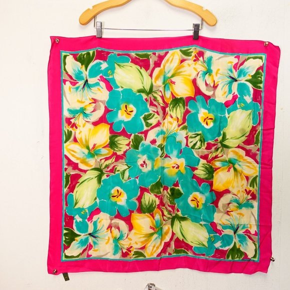 Charter Club Scarf Womens Pink Floral Square Wrap Shawl‎ Bandana Hawaiian Boho - Picture 1 of 9